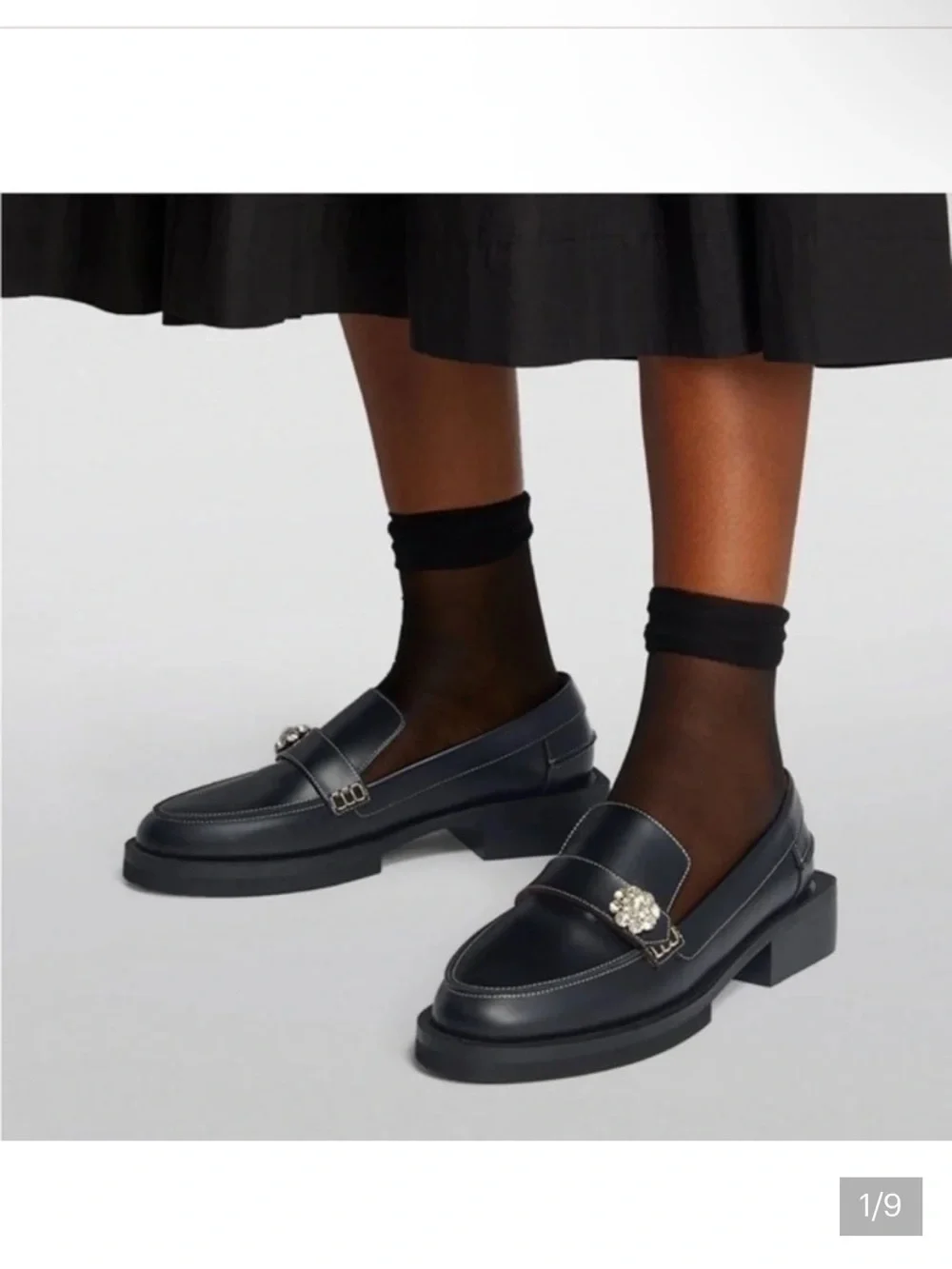 Ganni Black Leather Loafers with Crystal Buckle